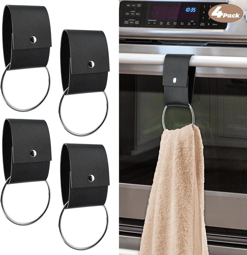 MISAKTEAM 4 PCS Leather & Metal Towel Ring Holder for Kitchen Dish Towels Holder with Loop Oven Door Hanger Gifts for Farmhouse Home Decor(Black) - Image 1